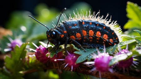 a small bug with red and black coloration, featuring black stripes and legs, is captured in the forest. the photo is presented in the style of realistic still lifes, with dramatic lighting and a dark sky-blue and orange color scheme. the use of ultraviolet photography enhances the details of the bug's sharp and prickly appearance. this captivating image is the work of photographer antanas sutkus.の素材