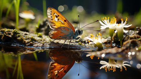 a butterfly perched on a puddle, showcasing vibrant orange and aquamarine hues. this stunning photograph, reminiscent of vray tracing, captures the sparkling water reflections. with naturalistic lighting, it evokes the artistic styles of antanas sutkus and jan van kessel the elder. a mesmerizing national geographic-worthy image. ai generatedの素材