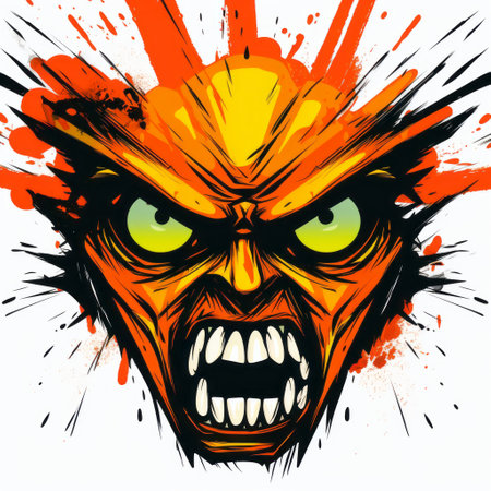 an orange monster face with large, splattered eyes in a comic book style. this artwork showcases brutal action and powerful symbolism, reminiscent of the style of hirohiko araki. the heavy inking and ragecore elements add to the intense and anti-form aesthetic of the image. ai generatedの素材