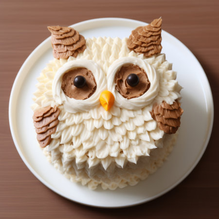 an owl cake with edible eyes is a delightful dessert that holds a fun surprise. this sepia-toned, low-resolution photo showcases the linear delicacy of the design, with attention to the texture of fur and feathers. the light white and light brown colors add to its charm, while traditional japanese artistic techniques are evident in its high-resolution details. ai generatedの素材