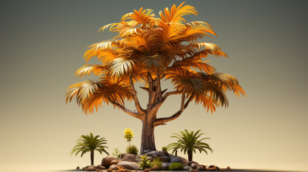 a desert landscape scene featuring a 3d model of a palm tree. this nature-inspired art nouveau style artwork showcases a combination of light amber and orange hues. the character design and foliage are intricately detailed, while the overall scale of the scene is gigantic. the vibrant birdlife adds a lively touch to this artistic representation, reminiscent of the art of the upper paleolithic era. aiの素材