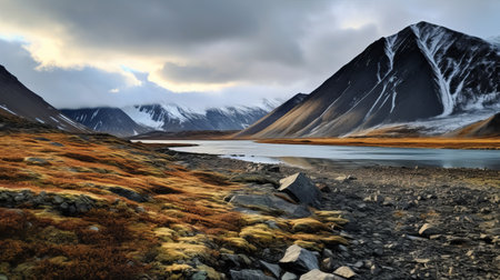 mountain landscape: a challenging scene with long, cold roads set against a backdrop of dark silver and light amber hues. the post-processing techniques, inspired by mehl amundsen, beautifully capture the romantic riverscapes and emotive fields of color. the use of focus stacking enhances the overall composition, creating a captivating image with a touch of dark beige and silver tones. ai generatedの素材