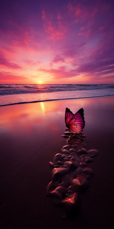 a butterfly rests on the sand at sunset, creating a vivid dreamscape with its vibrant pink and magenta hues. this realistic seascape captures the beauty of nature in perfect balance and harmony. the romantic and colorful scene is truly breathtaking. ai generatedの素材