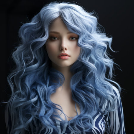 a girl with long blue curly hair is captured in this uhd image. she is wearing a long striped shirt, showcasing the meticulous detailing of the zbrush style. the light silver and light indigo tones create a dramatic use of color, while sterling silver highlights add a touch of elegance. this magewave-inspired photo is a stunning display of artistry. ai generatedの素材