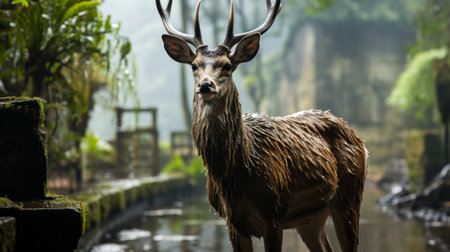 white deer in flowing water: a captivating image of a white deer gracefully standing amidst flowing water on muddy ground. this chinese cultural-themed photograph showcases a strong facial expression, with dark gray and brown tones adding to its mysterious jungle atmosphere. with elements like junglecore, rtx on, and iso 200, this image exudes an enigmatic allure. ai generatedの素材