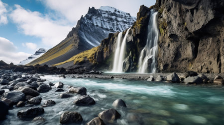 a waterfall in iceland cascades down the side of a majestic mountain, capturing the essence of dimitry roulland's artistic style. the serene and tranquil scene is enhanced by the light aquamarine and black hues, reminiscent of flowing fabrics. the use of light gray and amber tones adds a touch of sensitivity to the natural world. with vray tracing, every detail is beautifully highlighted. ai generatedの素材