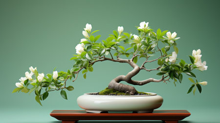 the bonsai tree, with its graceful curves and crisp, clean look, sits on a tray in this digitally enhanced photograph. captured through tabletop photography, the image showcases flower and nature motifs, reflecting the artistic style of tang yau hoong. the high resolution of the photo allows for a detailed view of the intricate details of the bonsai tree. ai generatedの素材
