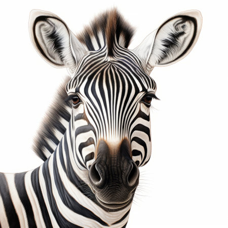 a close-up photo of a zebra's head showcasing a realistic hyper-detailed rendering. the white background and high-key lighting enhance the photo-realistic techniques used to capture the intricate details of the zebra's delicate markings. this hyper-realistic animal illustration highlights the striped arrangements on the zebra's head. ai generatedの素材