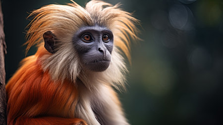 an african ringtailed monkey is depicted in this high-definition wallpaper. the artwork showcases a hyper-realistic portraiture style with a color palette of light orange and navy. the image has been digitally enhanced, reflecting the influence of the dusseldorf school of photography and precisionism. the monkey is captured in exquisite detail, with its fur displaying shades of light maroon and light green. this ultra-high-definition image isの素材