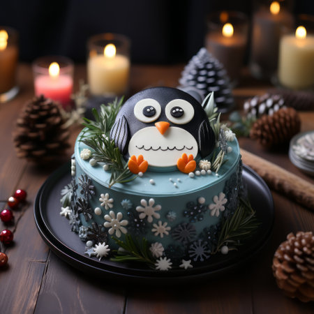 a festive-themed white cake adorned with a cute penguin figurine sits on a tabletop. the dark gray and blue color scheme creates a whimsical atmosphere. this tabletop photograph captures the lyrical motifs and nature-based patterns of the cake. shot in 32k uhd resolution with an iso of 200. ai generatedの素材