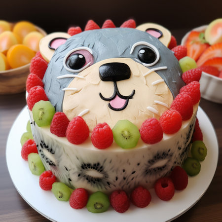 a bear-themed cake sits on a wooden surface, adorned with a combination of light gray and dark crimson colors. the cake features lively facial expressions and intricate fruit arrangements, showcasing a multilayered texture. captured with a fujifilm natura 1600 camera, this caninecore-inspired creation embodies the essence of traditional vietnamese aesthetics. ai generatedの素材