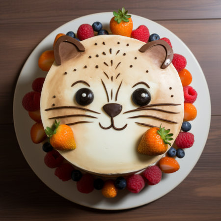 a dessert featuring a cat and berries, showcasing lively facial expressions and colorful woodcarvings. the dessert is made of rubber and has a light brown and light beige color palette. it is crafted using a meticulous technique, with multiple layers, in the style of the rinpa school. ai generatedの素材