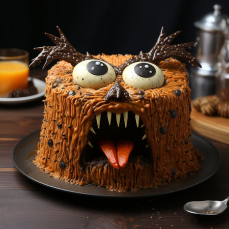 a cake with eyes, adorned with candy, resembling a manticore. the cake features a dark orange and light brown color scheme, with dynamic and exaggerated facial expressions. the spiky mounds and boldly textured surfaces create a haunting atmosphere. this cake embodies the caninecore aesthetic, with its unique design and attention to detail. ai generatedの素材