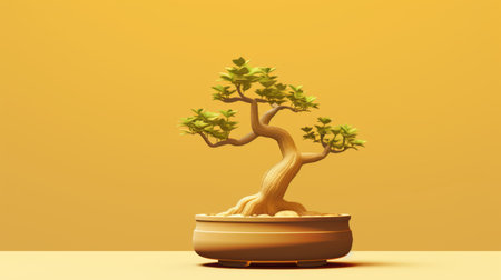 a bonsai tree sits in a wooden pot on a yellow object, creating a captivating scene. this hyperrealistic illustration showcases the intricate details of the tree, reminiscent of golden age illustrations. the colorful minimalism and soft-focus add depth to the overall composition, making it a stunning example of detailed character design in the world of illustration. ai generatedの素材