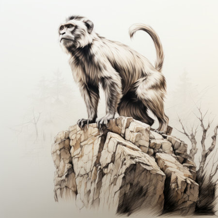 a monkey perched on a rock, depicted in a realistic landscape style with soft, tonal colors. this ink wash painting showcases photorealistic details, reminiscent of traditional chinese art. the monkey's presence adds a touch of caninecore to the composition, with a color palette dominated by white and bronze tones. ai generatedの素材