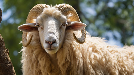 a sheep with large horns stands prominently, showcasing its distinct facial features. this captivating wildlife photograph, captured in a precisionist style, showcases the sheep's unique characteristics. the image, taken with iso 200, is of ultra-high definition quality, displaying the sheep's beige and amber tones. this stunning photograph can be found on flickr. ai generatedの素材