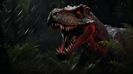 a t-rex stands in a forest, with rain falling in the background. this hyper-detailed rendering showcases the dark red color scheme and realistic style. the t-rex's distinctive nose and prerendered graphics add to the dynamic and action-packed feel of the image. using photo-realistic techniques, this scene brings the ancient creature to life. ai generatedの素材
