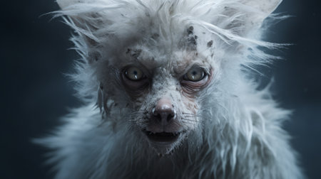a white wolf stands against a dark background, showcasing its majestic presence. rendered in cinema4d, this photo captures the essence of poodlepunk with its messy and urban decay elements. the wolf's appearance, reminiscent of grotesque characters, adds a unique touch to this national geographic-style image. the soft atmospheric perspective enhances the overall atmosphere of the photo. ai generatedの素材