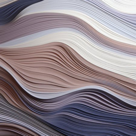 abstract sheet of paper in gray and silver, featuring gradient colors and waves. this unique artwork resembles book art installations, with its light violet and brown hues. the colorful curves evoke a nature-inspired aesthetic, created using mundane materials. the technique of focus stacking enhances the details, resulting in a captivating composition in light navy and brown tones. ai generatedの素材