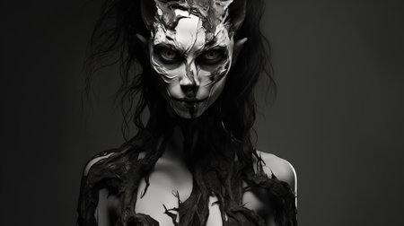 a woman with a strange look is captured in a white and black photo, showcasing a blend of realism and fantasy elements. the image features intricate body-painting in dark gray and bronze, with fantastical creatures inspired by devilcore. the overall effect is eerily realistic, created using the technique of zbrush. ai generatedの素材
