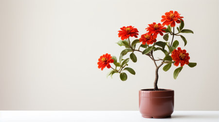 a red rose plant sits gracefully in a brown pot, showcasing the essence of japanese minimalism. the soft focus and high-key lighting enhance its beauty, while the artistic touch of marguerite blasingame adds depth. chinese cultural themes are subtly incorporated, with hints of orange and emerald, creating an atmosphere of tranquil automatism. ai generatedの素材