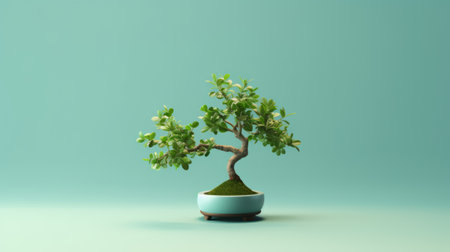 a small bonsai tree in a blue pot, showcased in a high-quality photo by yanjun cheng. the style of physically based rendering brings out the light turquoise and light green hues of the tree. the minimalist background enhances the curvilinear and realistic usage of light and color in this captivating image. ai generatedの素材