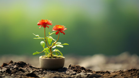 two vibrant orange flowers bloom gracefully in a flower pot amidst the lush green grass of a summer garden. the minimalist background, with its dark red and light green hues, adds a touch of precisionism influence to the composition. the ceramic flower pot, captured with a konica big mini camera, beautifully showcases the landscape-focused beauty of these flowers. ai generatedの素材