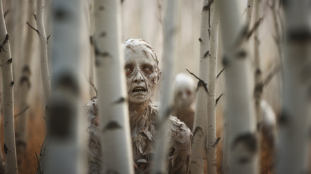 walking dead zombies emerge from the depths of the norwegian nature, captured in an anamorphic art style. this photo showcases nature-inspired installations with shallow depth of field, expressive and textured portraiture. the subtle, earthy tones create an atmospheric woodland imagery that adds to the eerie ambiance of the scene. ai generatedの素材