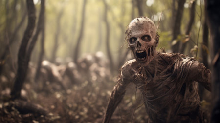 zombies with open mouths stand in front of a wooded area, rendered in the style of octane render. the image showcases meticulous attention to anatomy, with natural fibers and dusty piles made of vines. the soft focus lens adds a subtle touch, while the earthy tones create a captivating atmosphere. ai generatedの素材