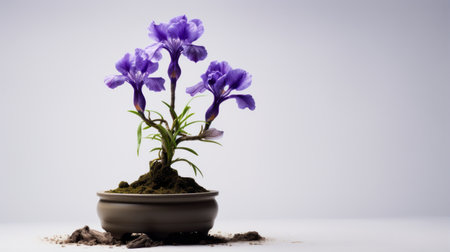 purple iris in a pot on a white background. this stock photo (3667996) captures the essence of jeremy geddes' style, with a touch of zen buddhism influence. shot with a tokina at-x 11-16mm f/2.8 pro dx ii lens, the image showcases a landscape-focused composition. the cross-processing processing technique adds a unique touch, while the soft-focus effect creates a porcelain-like aesthetic. ai generatedの素材