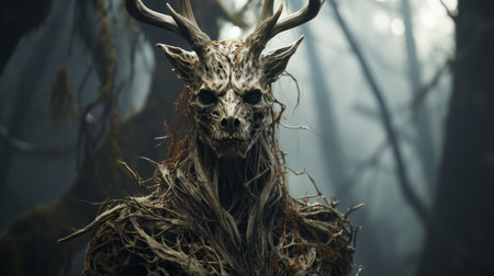 a captivating nature wallpaper in hd, featuring a skulduggery fantasy scene. inspired by the style of emil melmoth, this artwork is rendered in cinema4d and showcases twisted branches. created using unreal engine 5, it boasts detailed character expressions. shot on 70mm film, this mesmerizing image is reminiscent of the work of renowned cinematographer roger deakins. ai generatedの素材