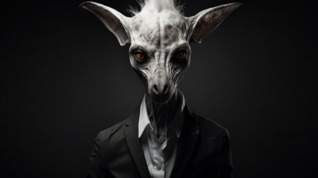 a catlike creature, dressed in a suit and tie, stands against a dark background. this hyper-realistic sci-fi photograph showcases exaggerated facial features and monochromatic white figures. with elements of prehistoricore and fawncore, the image has a touch of the demonic, capturing a slender and mysterious essence. ai generatedの素材