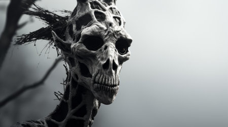 a skull, inspired by dogon art, is perched on a tree branch in a foggy setting. the detailed facial features, reminiscent of xbox 360 graphics, bring this dragon-inspired artwork to life. the close-up shot captures the black and white realism, showcasing the intricate craftsmanship of this zbrush creation. ai generatedの素材
