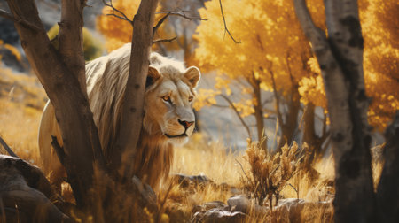 a lion gracefully traverses through the dense woods of northern china's terrain in this stunning concept art. created in the realistic style of terragen, the image showcases intricate details, from the lion's white and amber fur to the highly detailed foliage surrounding it. the use of vray enhances the lifelike quality of the scene, immersing viewers in the wild beauty of nature. ai generatedの素材