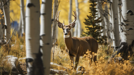 a group of deer gracefully stand amidst a vibrant autumn forest, surrounded by towering aspen trees. this captivating photo, captured in the style of narrative-driven visual storytelling by mike campau and stephen shortridge, showcases the unreal beauty of nature. the sharp focus and use of unreal engine 5 enhance the depiction of these majestic animals, set against a backdrop of yellow and brown hues. aiの素材
