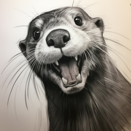an illustration of a joyful and optimistic otter with a big mouth, created in the style of realistic portrait drawings. this stunning artwork was commissioned for its beautiful and captivating depiction. the use of airbrush art techniques adds depth and dimension to the otter's dark proportions. shot with a fujifilm x100v camera. ai generatedの素材