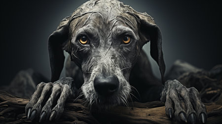 a black dog, reminiscent of anton semenov's style, sits amidst a vibrant pile of fallen leaves. this expressive and textured portrait captures the essence of hyperrealistic wildlife portraits. the orange and gray tones add depth to the detailed wildlife scene, evoking the style of marcin sobas. the image portrays a soggy and captivating moment in nature. ai generatedの素材