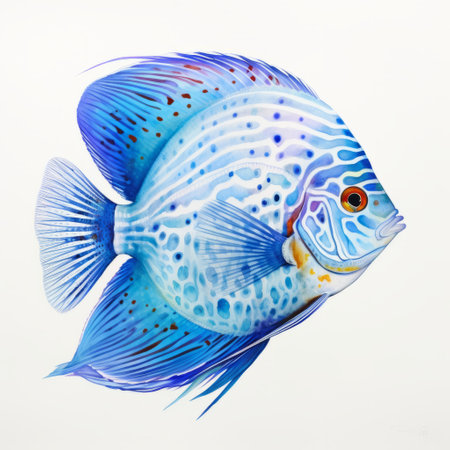 an underwater portrait of a blue discus fish, resembling realistic watercolor paintings. the white background enhances the contemporary animal sculptures, while the bold chromaticity captures the essence of balinese art. the concise brushwork techniques used in this traditional scroll painting create a visually stunning masterpiece. ai generatedの素材