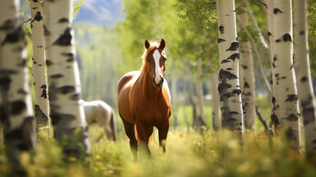 a horse gallops through a picturesque woodland, showcasing the beauty of nature. this stunning image captures the essence of vray tracing, american scene painting, and environmental portraiture. with xbox 360 graphics and selective focus, the photo highlights the horse's graceful movement against a backdrop of majestic mountains. the use of photo-realistic techniques brings this captivating scene to life. ai generatedの素材
