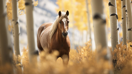 a majestic horse stands amidst a lush forest, enveloped by vibrant leaves. this stunning image, reminiscent of the unreal engine 5 style, captures the essence of cowboy imagery with its golden and amber hues. the composition exudes a whistlerian aesthetic, showcasing an iconic american landscape. the back button focus technique ensures sharpness and clarity, emphasizing the horse's presence in this captivating scene. ai generatedの素材
