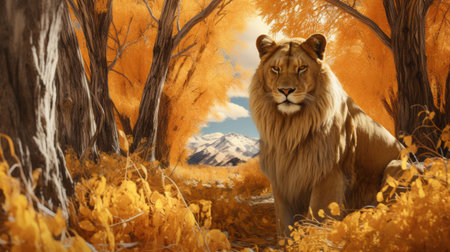 a lion, depicted in the style of adam elsheimer, is showcased in this free wallpaper. rendered in unreal engine, the gold and amber tones create a tender depiction of nature. this fantasy illustration, captured with a nikon d750, is available in various resolutions including 1024x768 and 1920x1080 for desktop wallpapers. ai generatedの素材