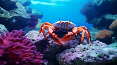 a photo of a coral crab underwater, surrounded by tropical fish and a tiger shark. the photo is captured in a style that features light red and violet tones, with realistic still life elements and dramatic lighting. the image showcases a shallow depth of field, with hints of light azure and orange. the composition resembles a wimmelbilder scene, with ceramic details adding a strong senseの素材