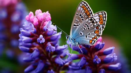 a butterfly rests gracefully on vibrant purple flowers, creating a stunning contrast against the light gray and blue background. this high dynamic range, uhd image captures the beauty of nature with its colorful gradients and pointillism style. it resembles a captivating national geographic photo, showcasing perfect chromatic harmony. ai generatedの素材