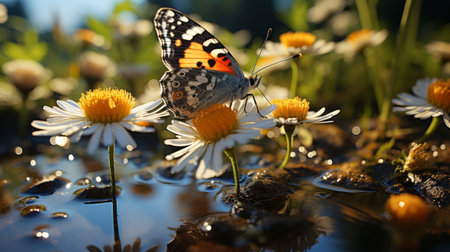 a butterfly perched delicately on a vibrant flower, surrounded by a shimmering watering hole. the image captures the sparkling water reflections, with a play of light in shades of white and dark orange. created using unreal engine, the photo showcases post-processing effects and employs photo-realistic techniques. the captivating beauty of this scene is truly mesmerizing. ai generatedの素材