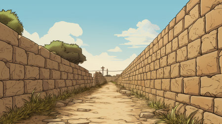 an ogre wall in animation, depicting a southern countryside scene with dirt and elements inspired by manga style. the renaissance perspective adds depth to the image, while the rectangular fields and fantastical street create a whimsical atmosphere reminiscent of children's book illustrations. this unique blend of influences makes the ogre wall a captivating and imaginative piece of art. ai generatedの素材