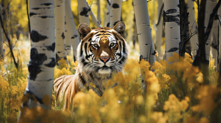 a large tiger, captured in the style of unreal engine, stands majestically amidst a vibrant sea of yellow flowers. this precisionist artwork, created using airbrush techniques and the hasselblad 500cm camera, beautifully portrays the essence of nature. the sublime wilderness and the use of bryce 3d add depth and realism to this captivating image. ai generatedの素材