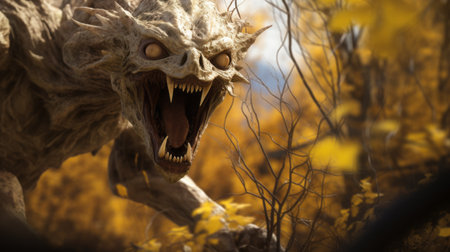 a terrifying monster with a horn coming out of its head is depicted in this rendered image created in cinema4d. the dark yellow and light white tones add to the eerie atmosphere. the naturalistic landscape backgrounds feature close-up details of vines and spiky mounds, enhancing the overall haunting effect of the scene. ai generatedの素材