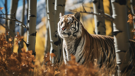 a tiger in the wood forest, captured with a canon eos 5d mark iv, is depicted in an emotive style with fields of color. the image showcases spectacular backdrops and himalayan art influences. with its elegant realism, this 8k resolution photograph beautifully portrays the majestic presence of the tiger amidst its natural habitat. ai generatedの素材