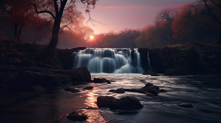a stunning hd wallpaper featuring a breathtaking waterfall during a summer sunset. captured in the style of the tokina at-x 11-16mm f/2.8 pro dx ii lens, this photo showcases realistic landscapes with soft, tonal colors. the dark crimson and light blue hues create a romantic atmosphere, while the accurate and detailed composition, along with lens flares, add a touch of magic to this matte photo.の素材