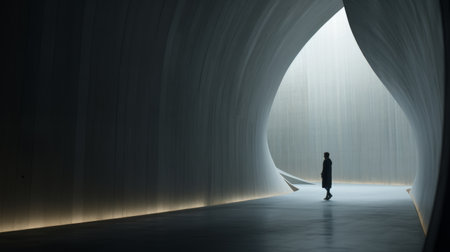 michael walks through a dark tunnel, surrounded by monolithic structures resembling large-scale sculptures. the photo, taken with a nikon d750, captures the realistic and hyper-detailed renderings of the scene, reminiscent of the style of anka zhuravleva and shigeru aoki. the composition exudes a sense of mystery and intrigue. ai generatedの素材